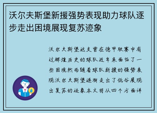 沃尔夫斯堡新援强势表现助力球队逐步走出困境展现复苏迹象