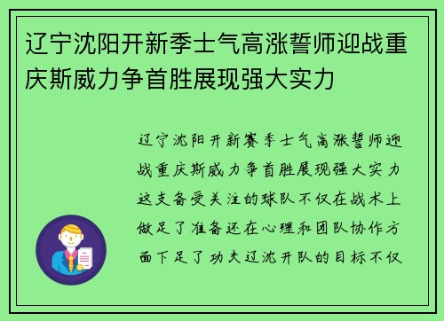 辽宁沈阳开新季士气高涨誓师迎战重庆斯威力争首胜展现强大实力